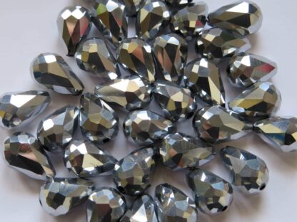Faceted Crystal Drop Beads – Metallic Silver – 15x10mm – Pack Of 2 – SLIGHTLY DAMAGED