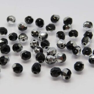 Czech Fire Polished Glass Beads – Black/Silver – 4mm – Pack Of 20