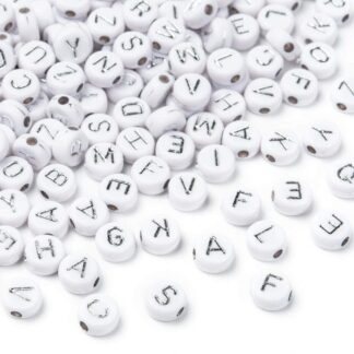 Letter Beads – White – Silver Letters – 7x4mm – 20g Pack