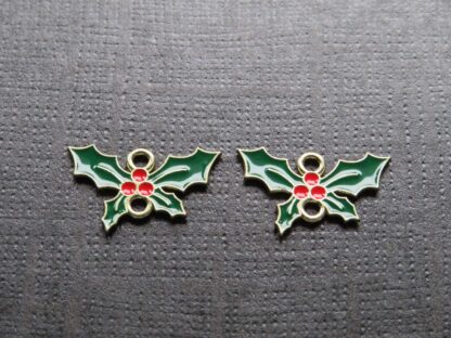 Christmas Holly Connector – Gold/Green Enamel – 13x20mm