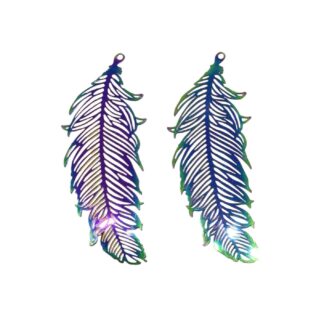 Stainless Steel Filigree Pendant – Feather – Multicoloured – 47x19mm
