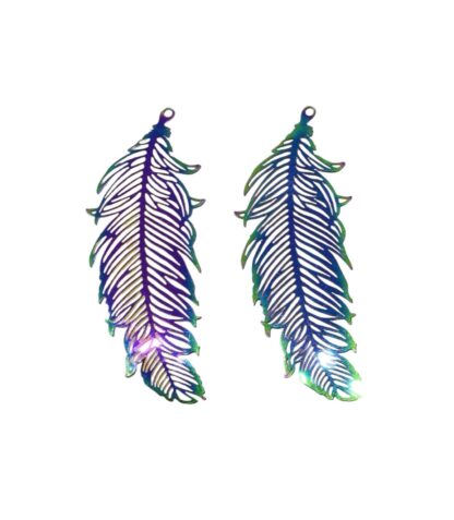 Stainless Steel Filigree Pendant – Feather – Multicoloured – 47x19mm