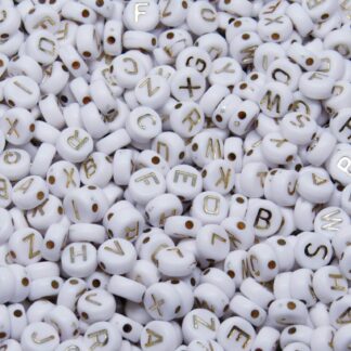 Letter Beads – White – Gold Letters – 7x4mm – 20g Pack