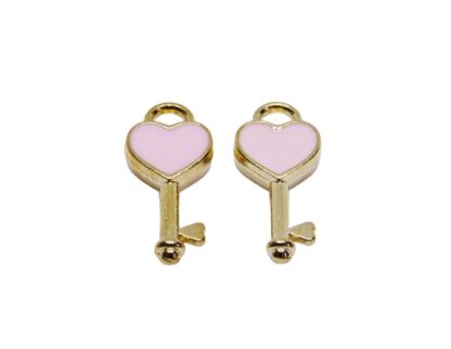 Key Charm – Light Gold/Pink Enamel – 16x7mm