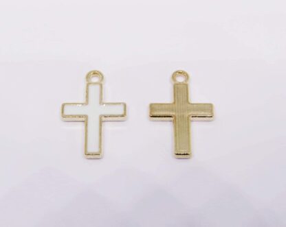 Cross Pendant/Charm – Light Gold/White Enamel – 16x10mm