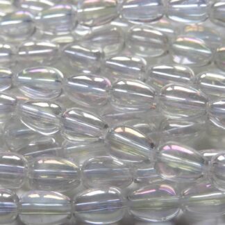 Electroplated Glass Teardrop Beads – Rainbow Plated – Clear AB – 9x6mm – Strand Of 20 Beads