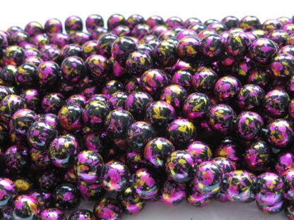 Painted Glass Beads – Black/Pink/Gold – 10mm – Strand Of 30
