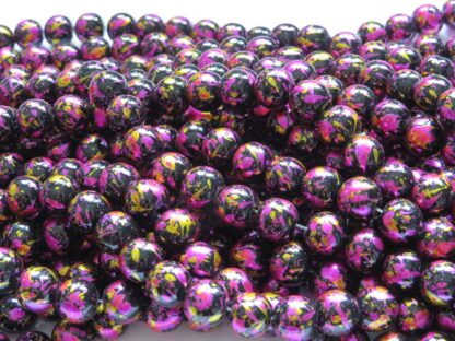 Painted Glass Beads – Black/Pink/Gold – 10mm – Strand Of 30