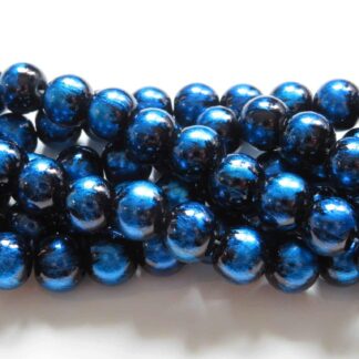 Painted Glass Beads – Black/Blue – 10mm – Strand Of 30