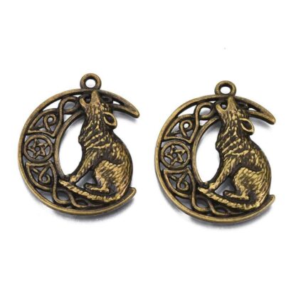 Moon and Wolf Pendant – Antique Bronze -33x26mm