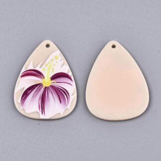 Acrylic Teardrop Pendant – 3D Printed – Pink Floral – 44x33mm