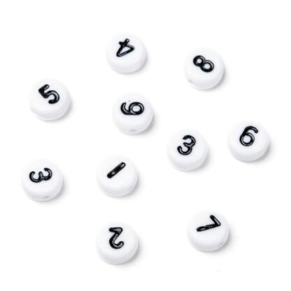 Number Beads – White – Black Numbers – 7x4mm – 20g Pack