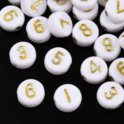 Number Beads – White – Gold Numbers – 7x4mm – 20g Pack