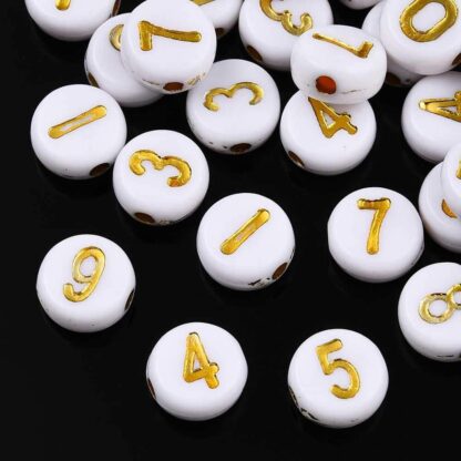 Number Beads – White – Gold Numbers – 7x4mm – 20g Pack